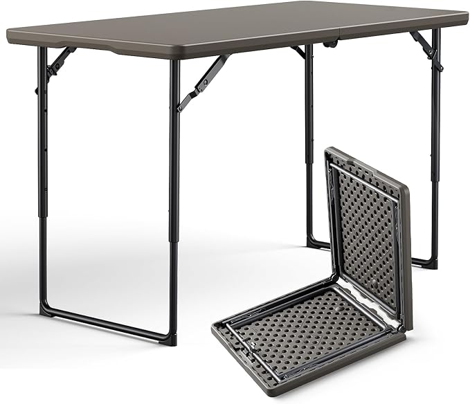 4ft Folding Table, Foldable Picnic Table Portable Table for Indoor Outdoor Use Heavy Duty Plastic Table Camping Table for Party, BBQ, Khaki