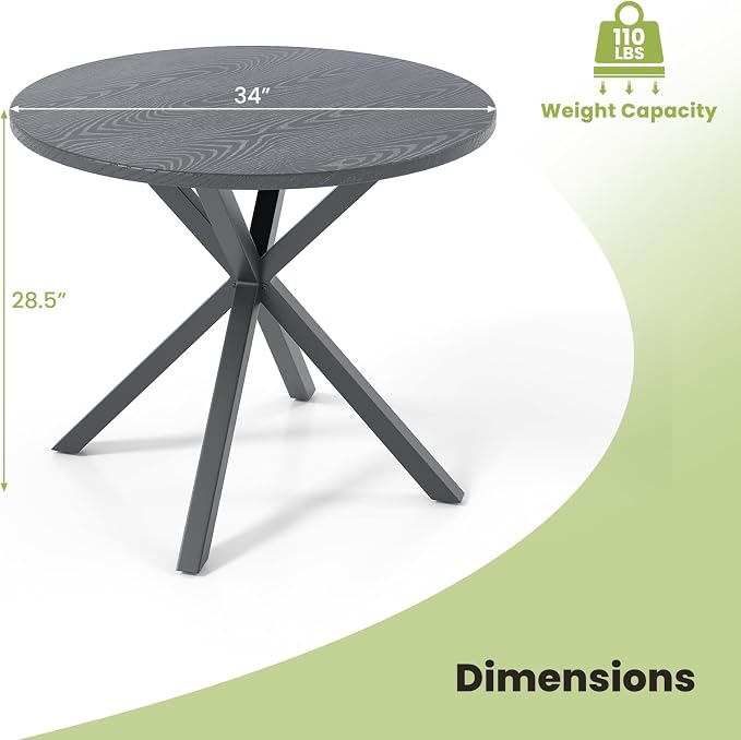 HAPPYGRILL 34” Round Outdoor Dining Table, Metal Patio Bistro Table with Wood-Like Tabletop, 4 Person Outdoor Dining Furniture for Backyard Garden Balcony