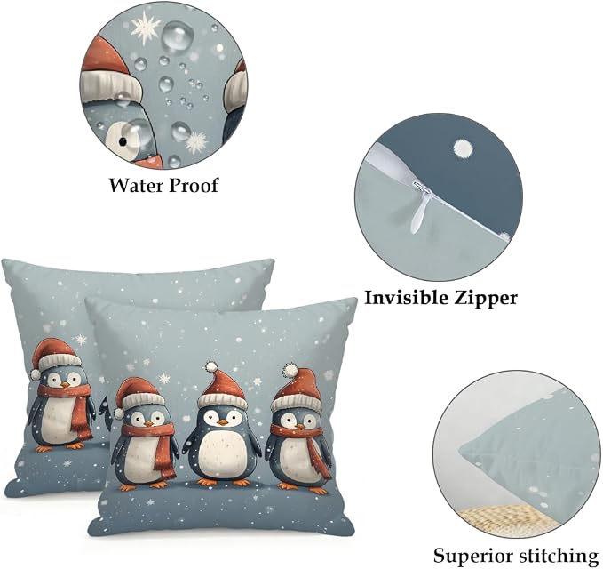 16x16 Inch Outdoor Pillow Covers Set of 2 Waterproof Throw Pillow Covers Decorative Couch Cushion Covers Christmas Penguin Square Pillowcases Protectors for Patio Garden Sofa