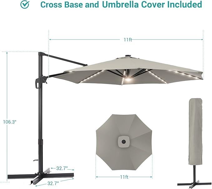 FLAME&SHADE 11 ft Cantilever Offset Patio Umbrella, Large Heavy Duty Outdoor Patio Umbrella Aluminum 360° Rotation Round Outdoor Umbrella for Deck,Pool,Backyard