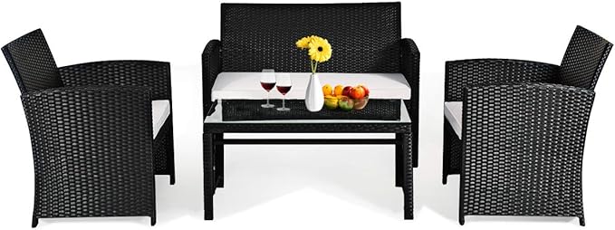 COSTWAY 4 Pieces Patio Rattan Furniture Set, Outdoor Wicker Conversation Set with Soft Cushions & Tempered Glass Coffee Table, Cushioned Chair Sofa for Backyard, Porch, Poolside, Lawn, Garden, White