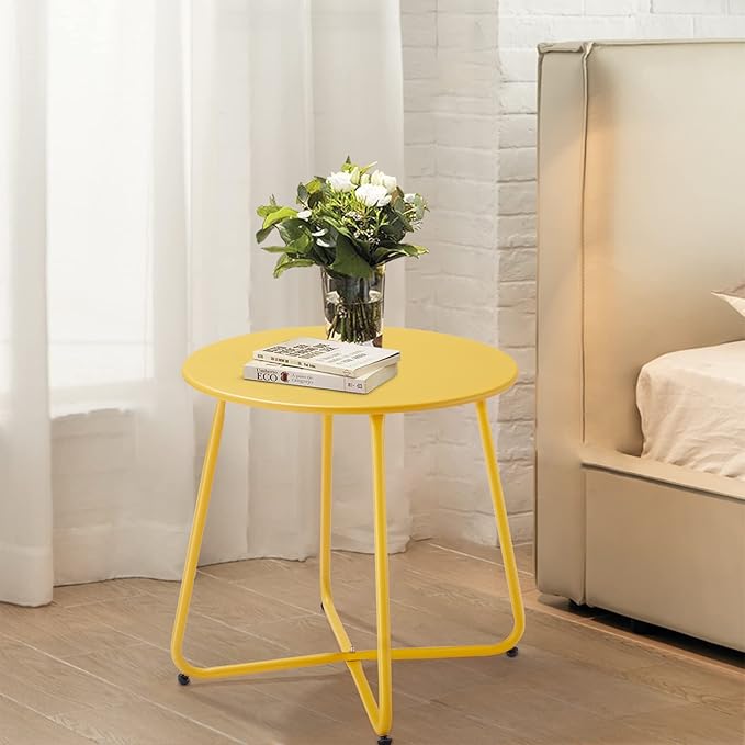 Meluvici Patio Small Outdoor Side Table Waterproof Round Metal Steel Side Table Weather Resistant Portable Outdoor and Indoor End Table for Garden Balcony Yard, Yellow