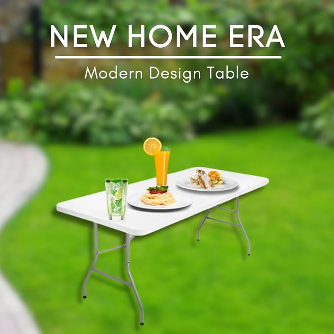Utility Table, Non Folding Portable Plastic Table for Picnics, Parties, Outdoor Camping Table with Carrying Handle, Rectangular Design, Lightweight and Durable - 6ft