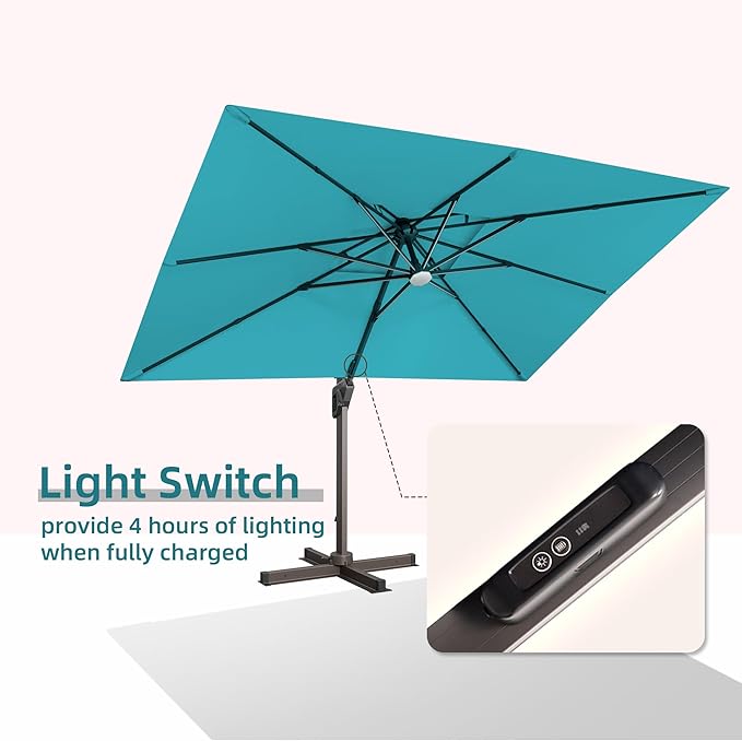 9 X 12 FT Cantilever Outdoor Patio Umbrella with LED Lights Large Heavy Duty 360° Rotation Double Top Offset Rectangular Umbrellas for Backyard Garden Pool Outside Deck, Turquoise