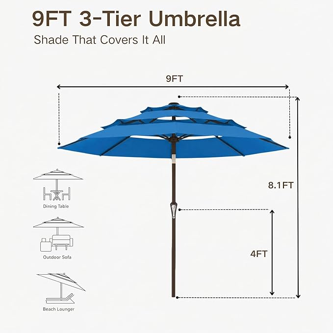 Kingdura 9ft 3-Tier Patio Umbrella, Outdoor Table Umbrella with Easy Crank & Tilt, 8 Reinforced Ribs, UV Protection for Deck, Pool, Market, Backyard (Royal blue)