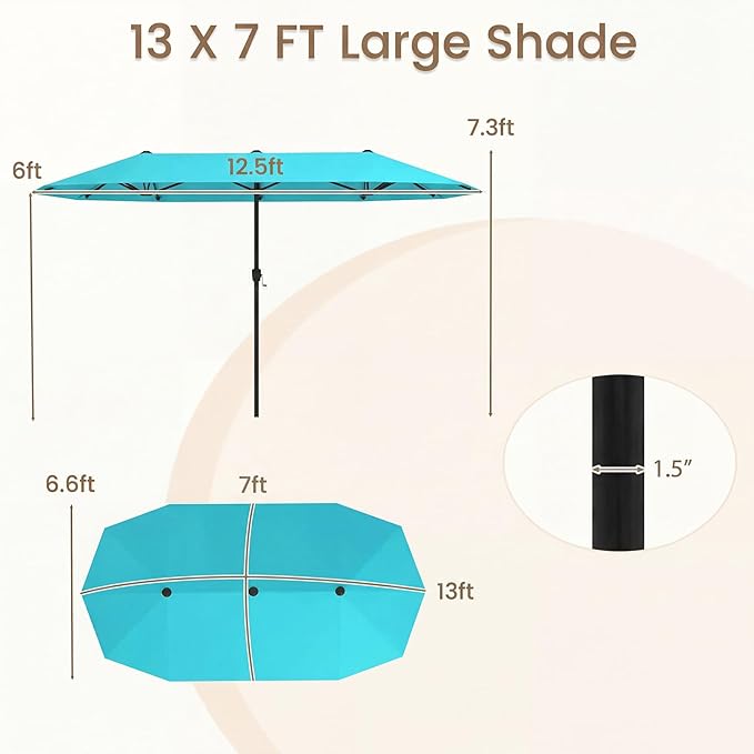 Tangkula 13 FT Large Patio Umbrella, Outdoor Double-Sided Table Market Umbrella w/Crank Handle, 12 Heavy-Duty Ribs, Sun-Protective Rectangular Twin Parasol for Garden Deck Lawn Poolside (Turquoise)