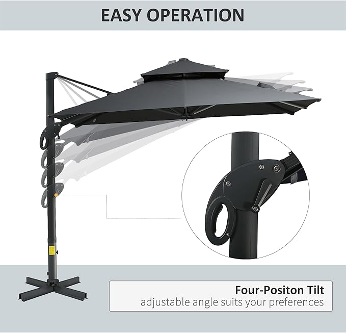 GOWE 10ft Offset Patio Umbrella, Hanging Cantilever Umbrella, Square Shape, Aluminum Cross Base, Tilt, 360-Degree Rotation, Gray