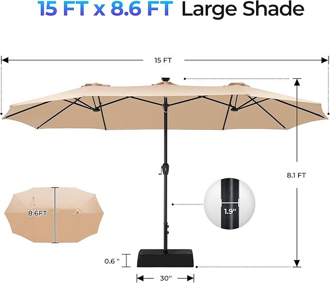 SUPERJARE 15ft Large Patio Umbrella with Base included, Double Sided Outdoor Umbrella with Solar Lights, Pool Umbrella with Fade Resistant Canopy for Deck, Porch, Yard, Balcony, Beige