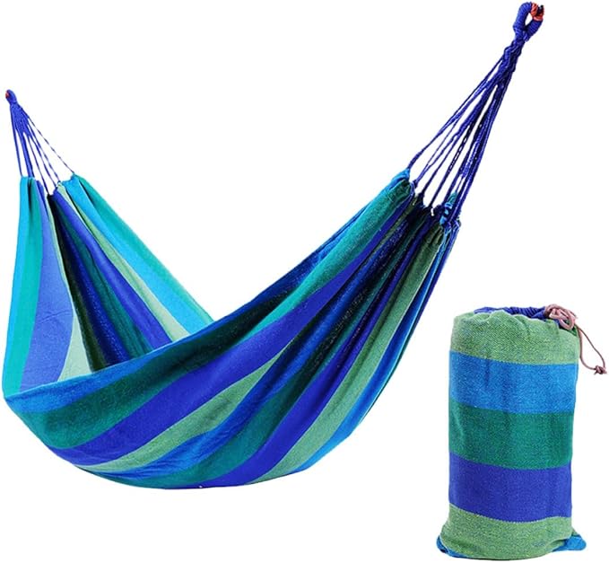 Veemoon Double Thickened Canvas Hammock for Two with Carry Bag and Two Bind Ropes, 280x150cm Outdoor Camping Swing Sleeping Bed in Blue, Portable Hanging Sleeping Bed for Patio and Garden
