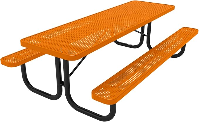 COATEDOUTDOORFURNITURE Heavy-Duty Portable Outdoor Picnic Table, Thermoplastic Coated Punched Steel Commercial-Grade Patio Dining Furniture Made in America (8ft Rectangular, Textured Orange)