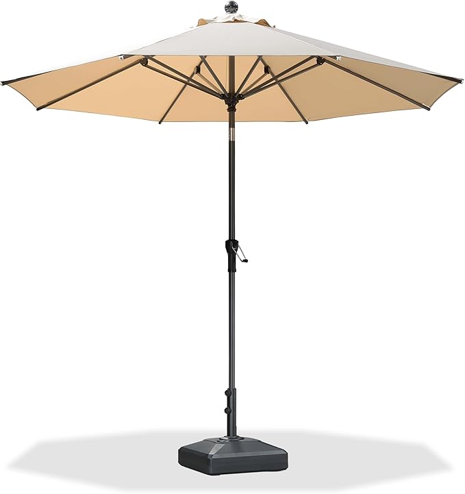 PURPLE LEAF 9' Round Patio Market Umbrella with Base Outdoor Table Umbrellas Aluminum Frame Sun Shade with 8 Sturdy Ribs Tilt for Garden Deck Lawn Pool Beige