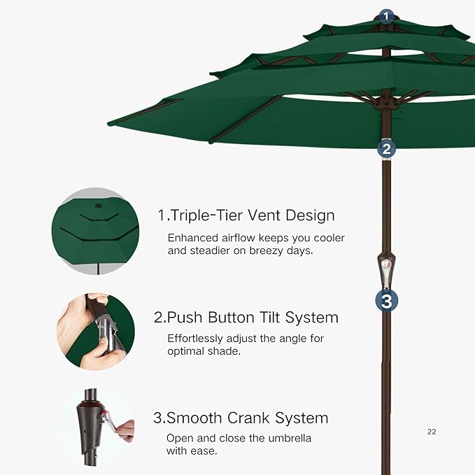 Kingdura 9ft 3-Tier Patio Umbrella, Outdoor Table Umbrella with Easy Crank & Tilt, 8 Reinforced Ribs, UV Protection for Deck, Pool, Market, Backyard (Dark green)