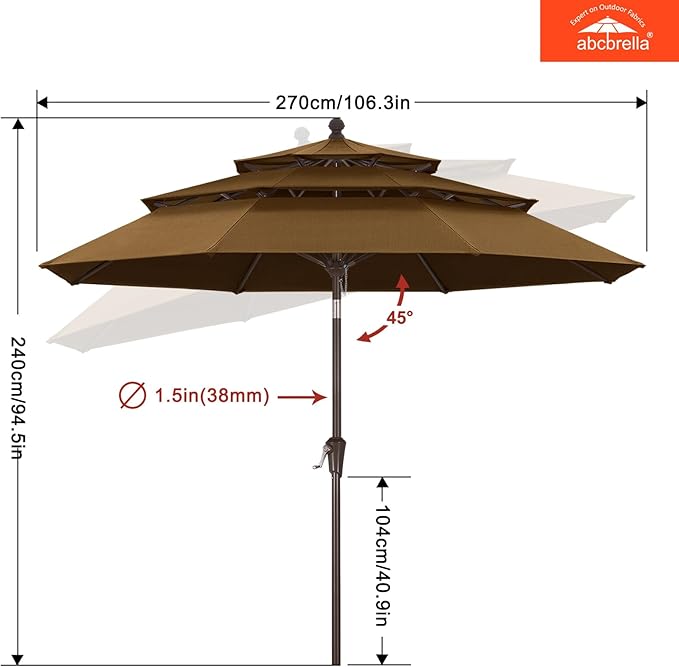 ABCCANOPY 5-Year 10-Year No Fading 9FT 3 Tiers Patio Umbrella, Outdoor Table Umbrella with 8 Sturdy Ribs for Deck, Backyard, Garden, Yard