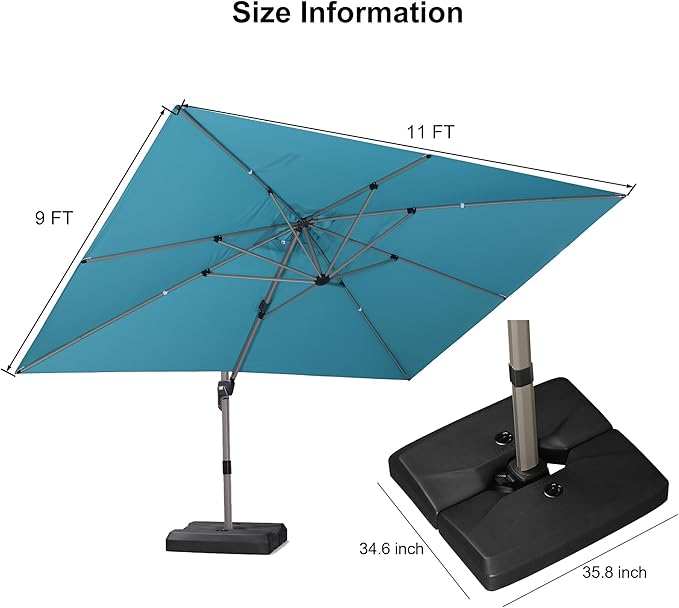 PURPLE LEAF 9' x 11' Patio Umbrella with Base Cantilever Umbrella Rectangular Outdoor Offset Umbrella with Champagne Frame and 360° Rotation for Garden Deck Pool, Turquoise Blue