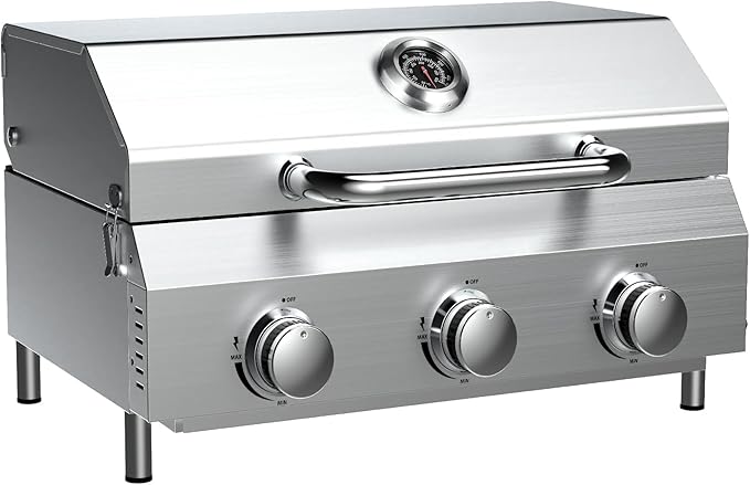 Bestfire 3-Burner Tabletop Gas Grill, 30,000 BTU Portable Propane Grill with Heavy-Duty Thickened Grates & Stainless Steel Knobs, Compact Design&Detachable Legs for Camping, RV, Backyard BBQ