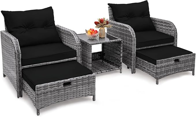5 Pieces PE Wicker Outdoor Chairs with Ottoman, 5 PCS Rattan Patio Furniture Chairs with Pull Out Ottoman & Side Table for Porch Balcony Sunroom, Black