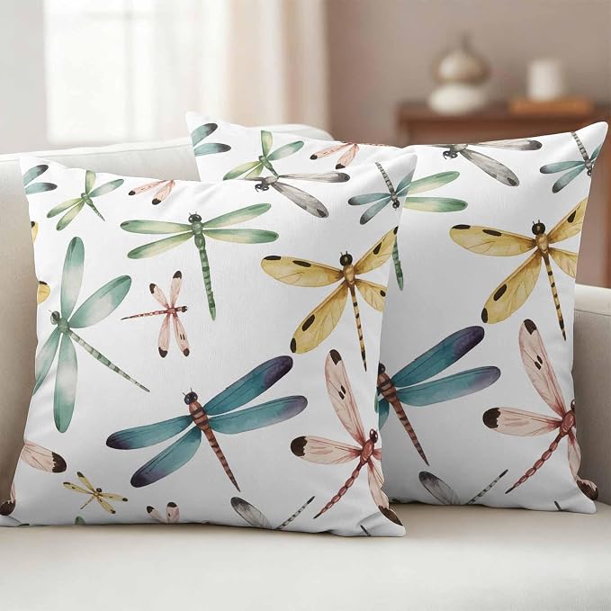 Dragonfly Outdoor Pillow Covers 20x20 Inch Throw Pillow Covers Set of 2 Waterproof Decorative Pillow Cases Watercolor Colorful Nature Painting Art Cushion Covers for Patio Furniture Garden Couch Sofa