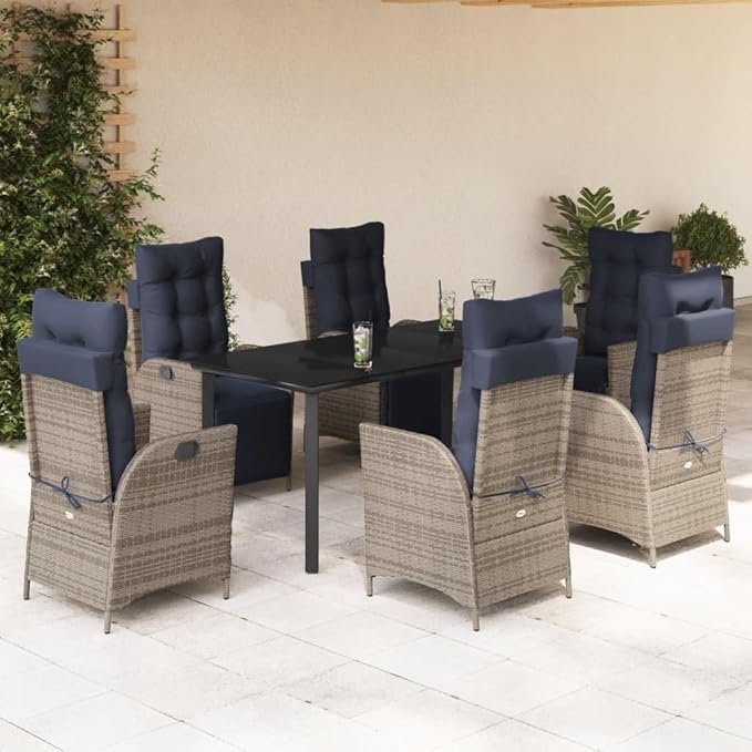 Backyard Furniture Patio Conversation Sets Outdoor Seating 7 Piece Patio Dining Set with Cushions Gray Poly Rattan Suitable for Gardens, Balconies, Decks