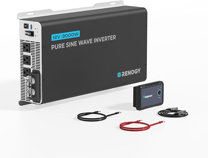 Renogy Inverter PUH 3000W, 12V to 110V Pure Sine Wave Power Inverter, Built-in Transfer Switch and Bluetooth, DC to AC Solar Converter for RV, Truck, Camping, Home, Emergency, Off-Grid Living