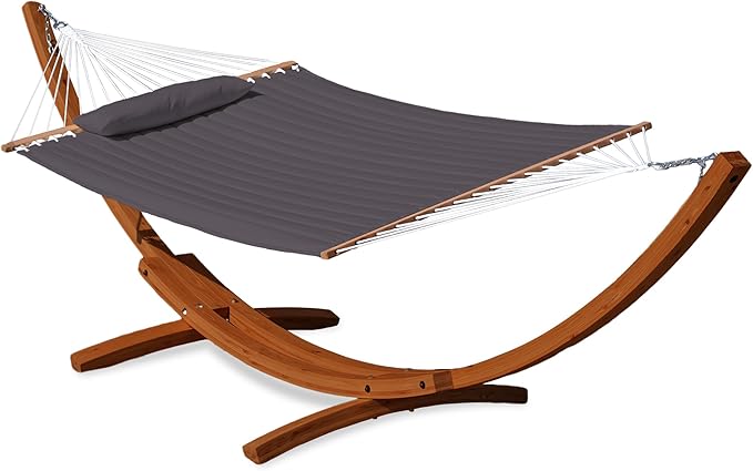Lazy Daze Hammocks 12 FT Double Quilted Fabric Hammock and 13 FT Brown Wood Arc Stand, with Spreader Bar, Removable Pillow, 2 Person Hammock for Poolside Outdoor Patio, 450 lbs Capacity, Dark Gray