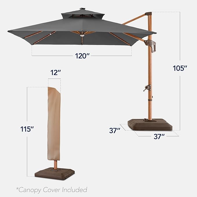 Best Choice Products 10ft Square Cantilever Patio Umbrella w/Base Included, Woodgrain Pattern Pole & Solar LED Lights, 360-Rotation, Offset Hanging Outdoor Shade
