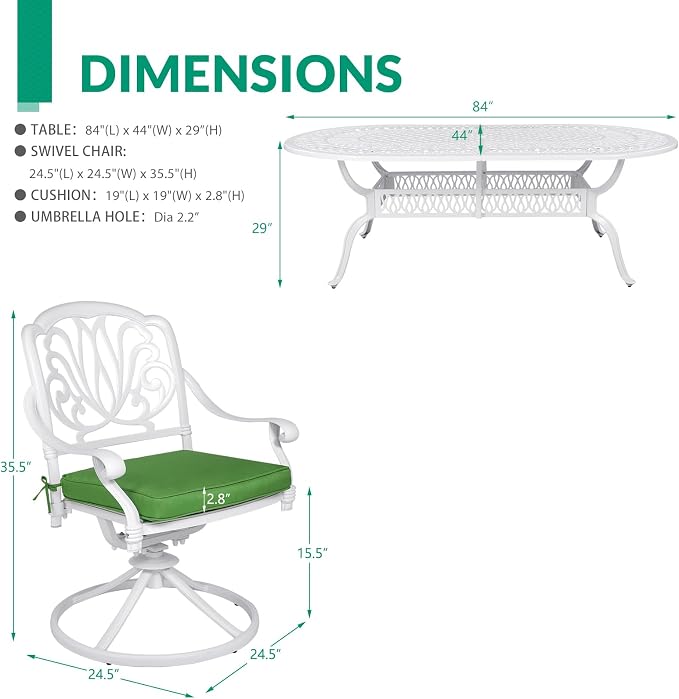 VIVIJASON 9-Piece Patio Furniture Dining Set, All-Weather Cast Aluminum Outdoor Conversation Set Include 8 Swivel Dining Chairs and an Oval Table with Umbrella Hole, White/Green Cushion