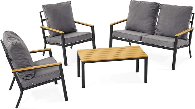 ivinta 4 Pieces Patio Furniture Sets with Coffee Table, Modern Wrought Iron Outdoor Conversation Sets with Removable Seating Cushion for Backyard Garden Porch, PF05 (Gray)