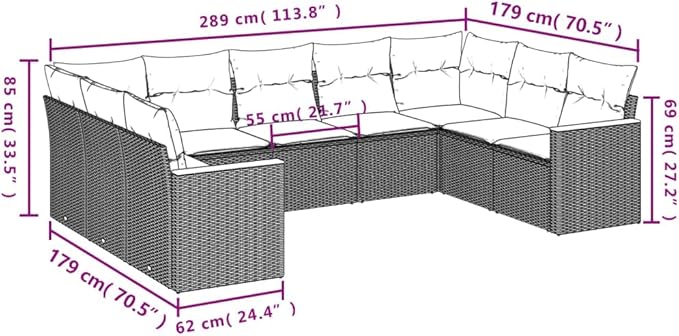 9 Piece Patio Sofa Set with Cushions, Outdoor Sofa Sets Sectional Sofa Patio Conversation Set Front Porch Furniture for Piazza Exhibition Negotiation Area Garden Black Poly Rattan