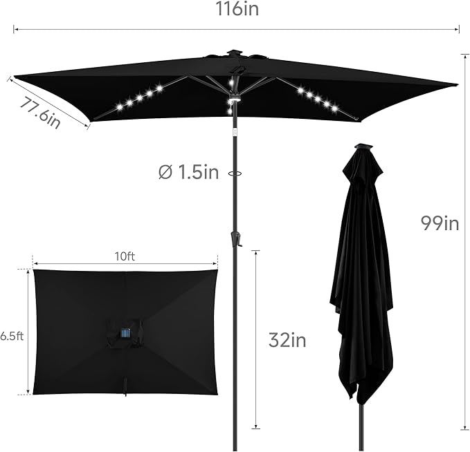 FLAME&SHADE 6.5 x 10 ft Rectangular Solar Powered Outdoor Market Patio Table Umbrella with LED Lights and Tilt, Black