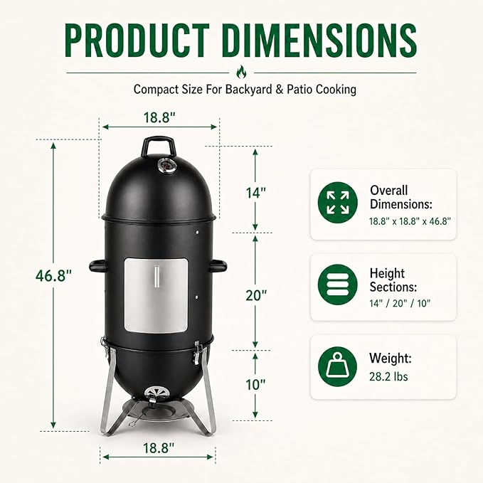 19 Inch Charcoal Smoker for Meat, Bullet Smoker, Vertical Smoker Grill for Backyard and Patio BBQ | 3-Layer Cooking Space with Built-In Thermometer and Dual Air Vents | Front Access Door and Ash Tray