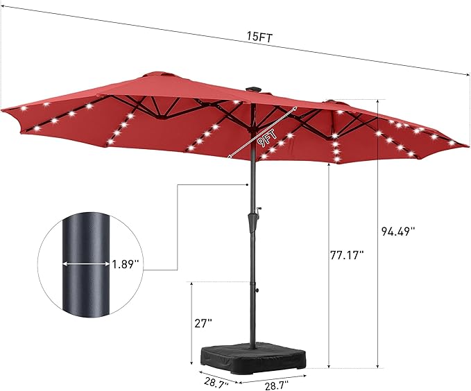 15 ft Patio Umbrella with 48 LED Lights, Large Rectangle Outdoor Solar Umbrella with Matching Base, Strap, Crank, Red