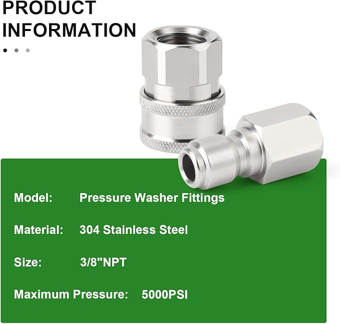 TAISHER 6PCS 304 Stainless Steel 3/8" Female NPT High Pressure Washer Quick Connect Coupler for Pressure Washing Gun Hose Accessories