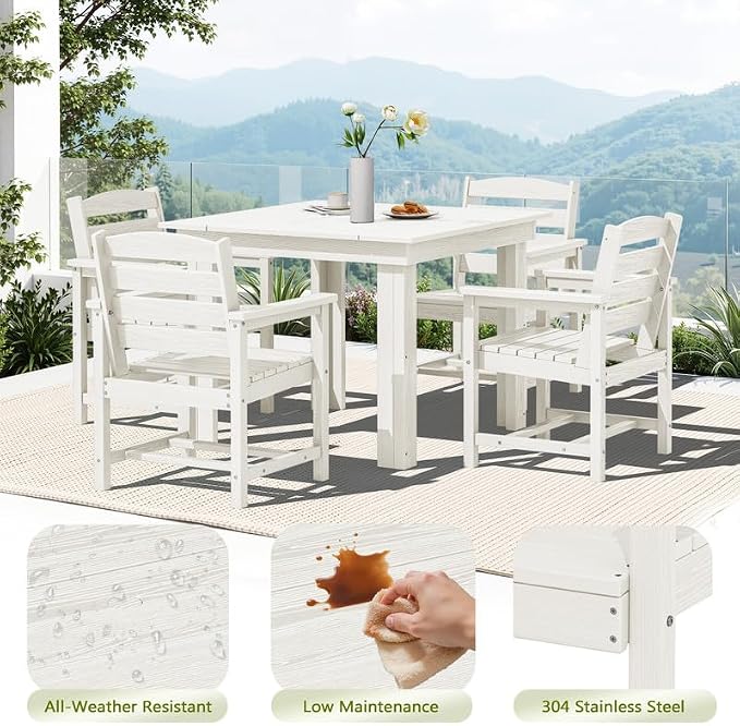 KINGYES 5-Piece HDPE Outdoor Dining Set for 4, Square Patio Table & Armchairs with Umbrella Hole, All-Weather Patio Dining Set for Backyard, Garden, Lawn & Poolside, White