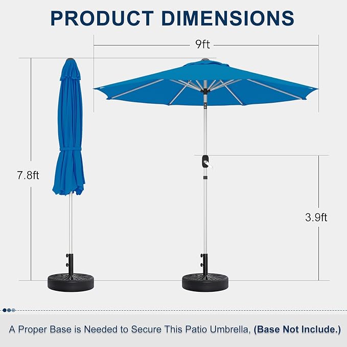 9FT Aluminum Outdoor Patio Umbrella, Fade-Resistant Market Umbrella with Push Button Tilt Function, 8 Sturdy All-Aluminum Ribs for Gardens, Patios, Backyards & Pools