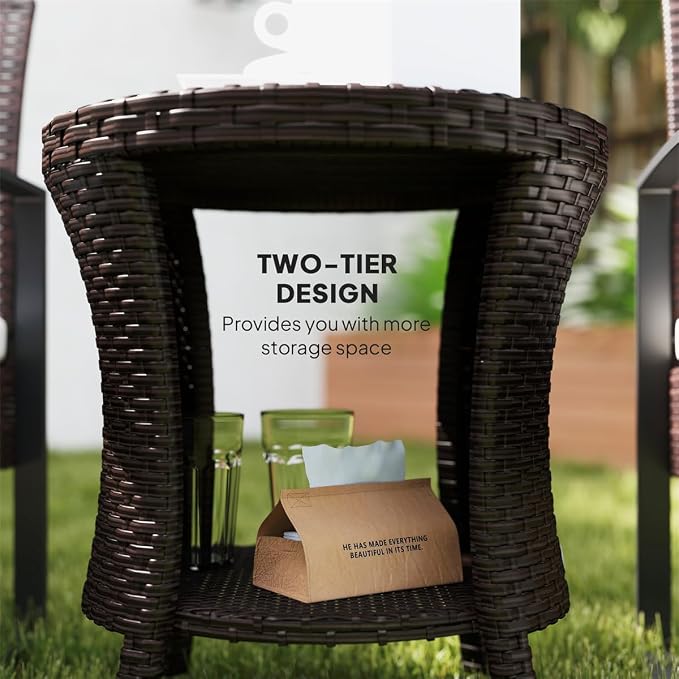 Outdoor Rattan Side Table with 2-Tier Storage, 18.1" Hourglass Shape Outdoor End Table, PE Wicker Bistro Coffee Table with Wood-Plastic Composite Top for Patio Garden Balcony, Brown