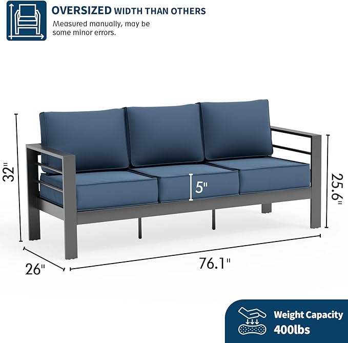 UDPATIO Outdoor Aluminum 3-Seat Sofa, Patio Aluminum Furniture, with Waterproof Cover