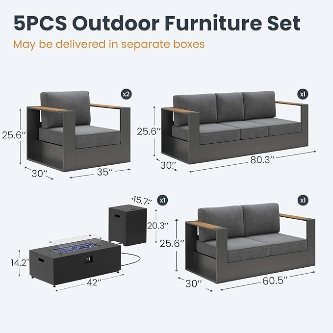 Aluminum Patio Furniture Set, 7 Seats Luxury Seating Furniture with 42" Fire Pit Table, All Weather Outdoor Conversation Sets with 6" Thickened Cushions