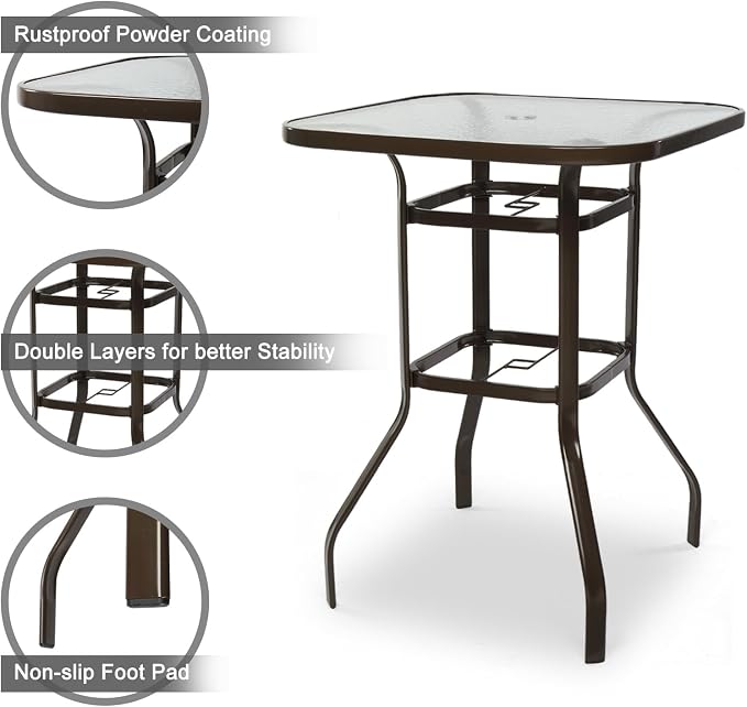 VINGLI Patio Bistro Table with Umbrella, 31.5" Square Outdoor Metal Beer Set with 40.3" Tall Glass Top, 7.5FT Tilt Crank Umbrella with Water-Resistant Fabric for Garden Pool Deck (Gray)