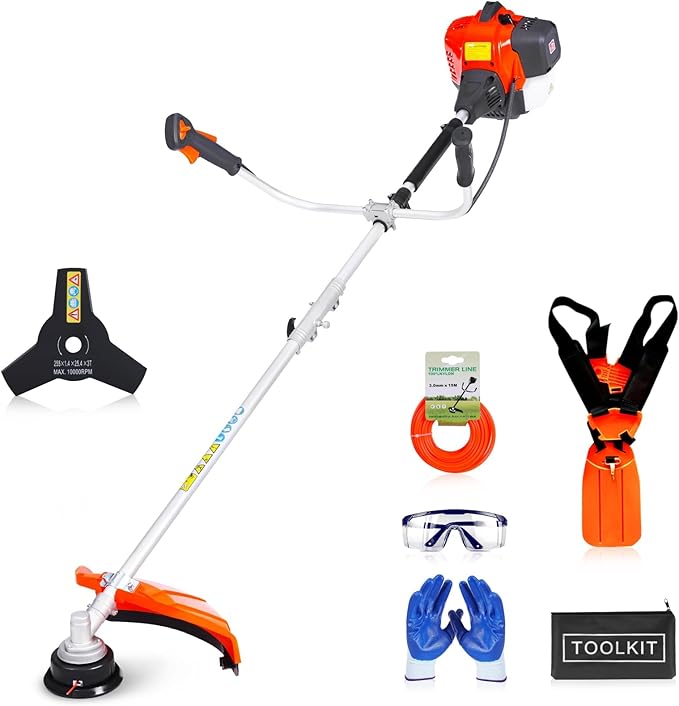 2-in-1 Gas Powered Weed Wacker - 52cc 2-Cycle String Trimmer and Brush Cutter Multi-Tool, 2.2KW 9500RPM Heavy Duty Gas Weed Eater with 18" Trimmer Head & 10" 3T Blade for Yard Care(GT5112)