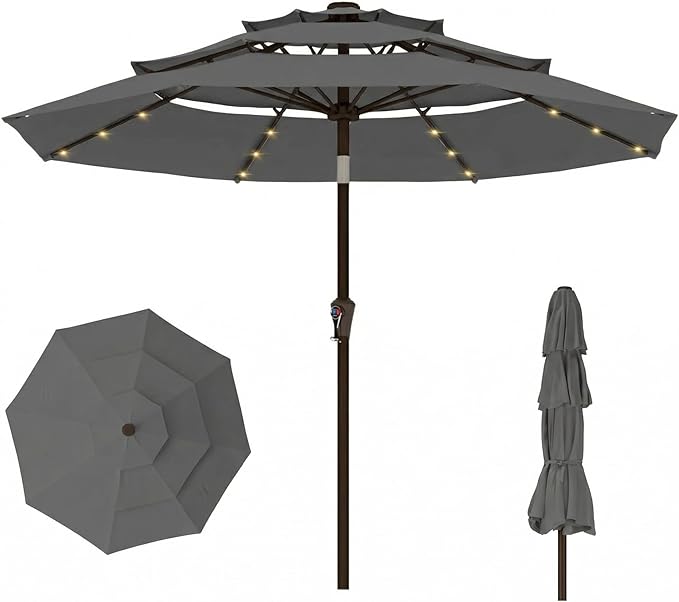 10ft 3-Tier Patio Umbrella with 32 Solar Powered LED Lights, Windproof Outdoor Market Umbrella for Deck, Poolside & Garden, Sturdy Push-Button Tilt Table Umbrella, Gray