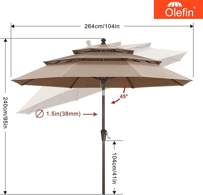MASTERCANOPY 9ft 3-Tier Olefin Patio Umbrella with Tilt Crank, 5-Year-Non-Fading Canopy & 8 Fiberglass Ribs for Deck, Patio, and Garden, Light Grey