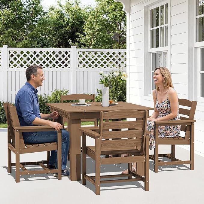 KINGYES 8-Piece HDPE Outdoor Dining Set for 6, Square Patio Table & Armchairs with Umbrella Hole, All-Weather Patio Dining Set for Backyard, Garden, Lawn & Poolside, Brown