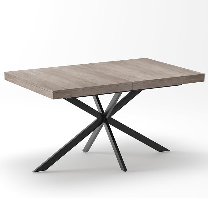 55.11" -70.86" Extendable Dining Room Table, Retro Folding Dining Tables for 4-6 People with Antique Wood Top/Black Fine Sand Cross Iron Foot Base/Storage Box, Grey