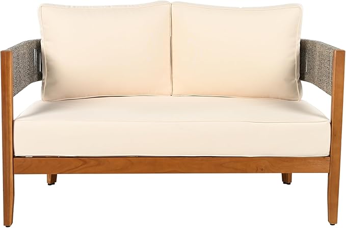 Christopher Knight Home Quixley Acacia Wood 5 Piece Patio Furniture Set, Large Wooden Patio Conversation Set with Club Chair+Coffee Table, 7-Seater Outdoor Loveseat Sofa Chair and Table Set,Teak+Beige