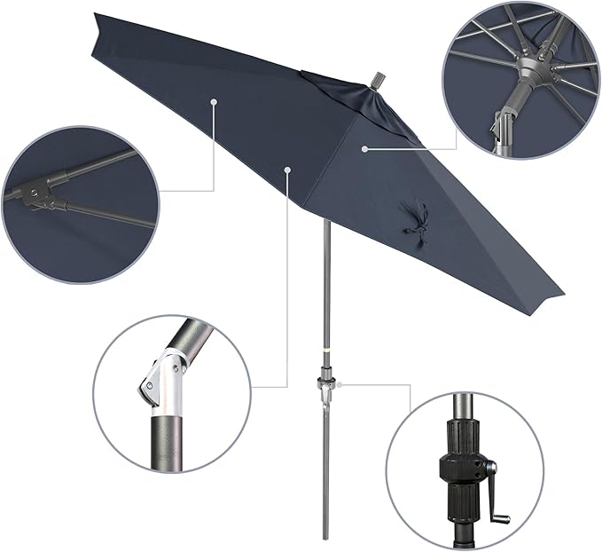 California Umbrella 9' Rd. Crank Lift, Collar Tilt, Aluminum Pole, Fiberglass Rib Patio Umbrella, Hammertone Grey Finish, Sunbrella Regatta