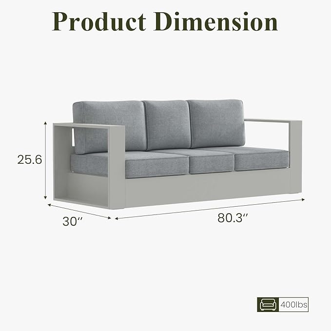 LayinSun Oversized Aluminum Outdoor Furniture, 1 Piece Patio 3-Seat Sofa, Deep Seating and Upgraded 6-inch Cushions for Porch, Balcony, Deck