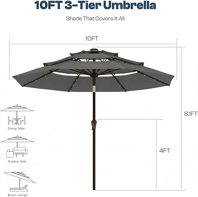 10ft 3-Tier Patio Umbrella with 32 Solar Powered LED Lights, Windproof Outdoor Market Umbrella for Deck, Poolside & Garden, Sturdy Push-Button Tilt Table Umbrella, Gray