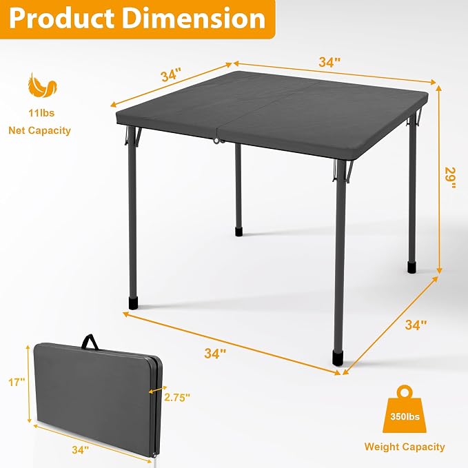 Kasunpul 34" Folding Table, Portable Square Folding Card Table with Collapsible Legs & Carrying Handle, Plastic Tables for Camping,Picnic, Office, Party, Grey