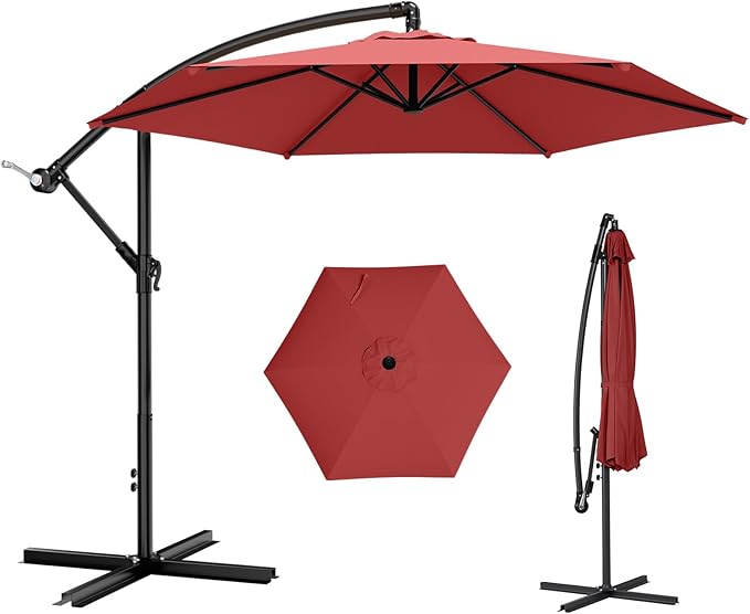 AreShark 10FT Patio Outdoor Umbrella, Offset Patio Umbrella Cantilever Umbrella, 6 Sturdy Ribs, Easy Adjustment for Garden Market Pool with Cross Base (Dark Red)