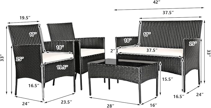 HAPPYGRILL 4PCS Patio Furniture Set Rattan Wicker Conversation Set Outdoor Patio Table Chair Set Wicker Sofas and Coffee Table Set for Garden Lawn Poolside